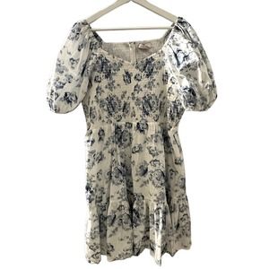 Rachel Parcell Women's White Blue Floral Puff Sleeve Smocked Mini Dress Size XL